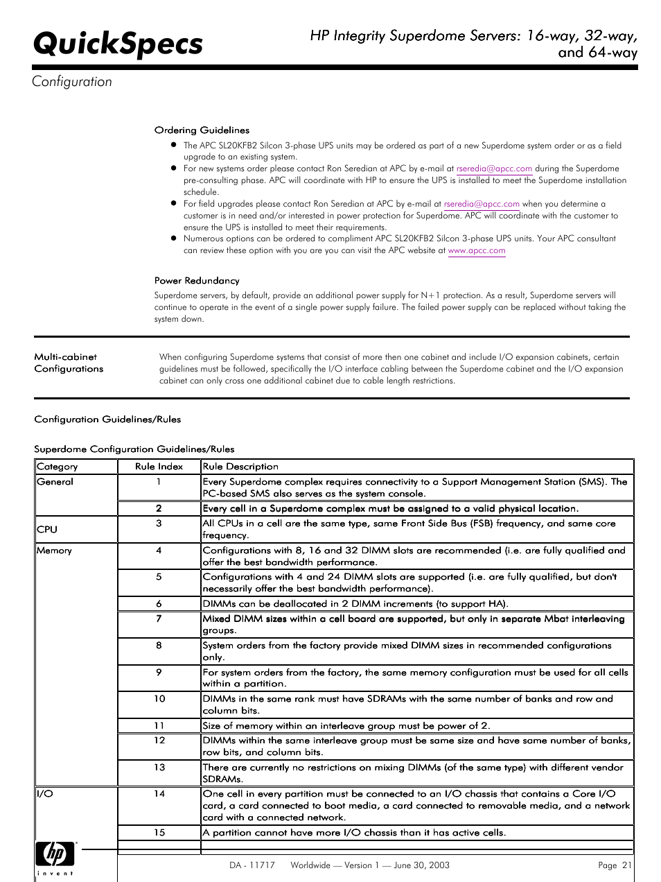 Quickspecs, Hp integrity superdome servers: 16-way, 32-way, And 64-way | And 64-way configuration | HP Integrity Superdome Server User Manual | Page 21 / 39