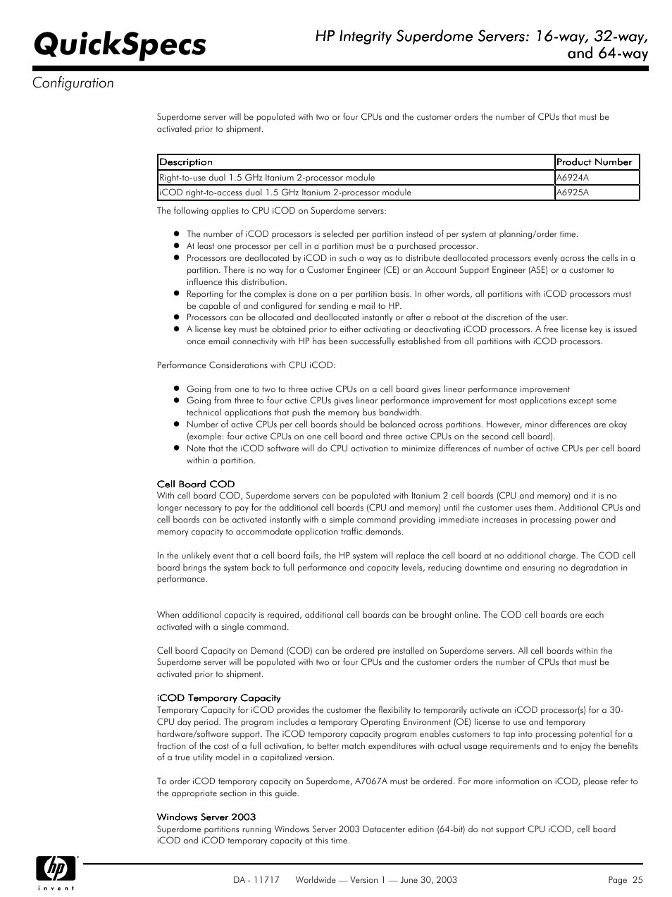 Quickspecs, Hp integrity superdome servers: 16-way, 32-way, And 64-way | And 64-way configuration | HP Integrity Superdome Server User Manual | Page 25 / 39