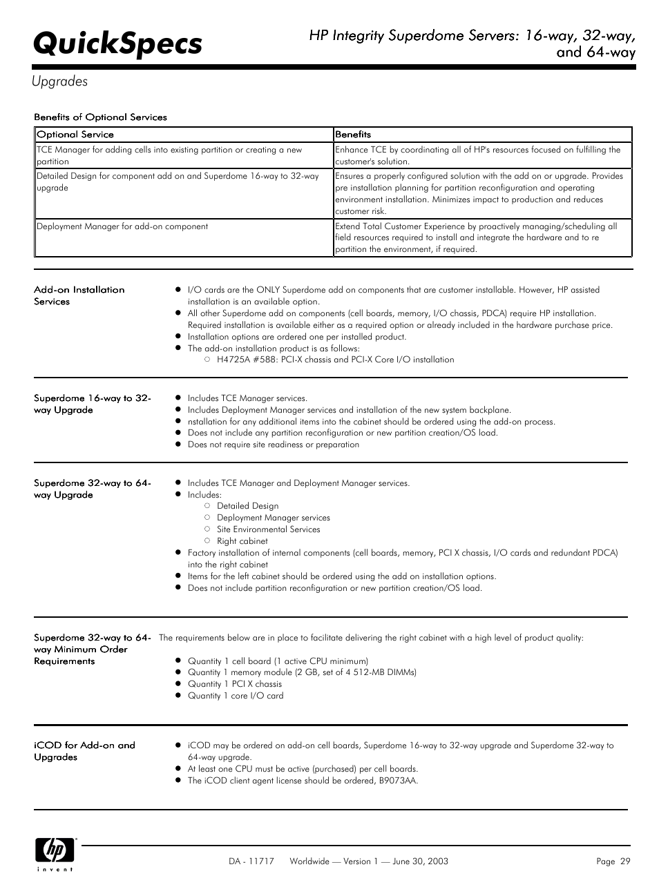 Quickspecs, Hp integrity superdome servers: 16-way, 32-way, And 64-way | And 64-way upgrades | HP Integrity Superdome Server User Manual | Page 29 / 39