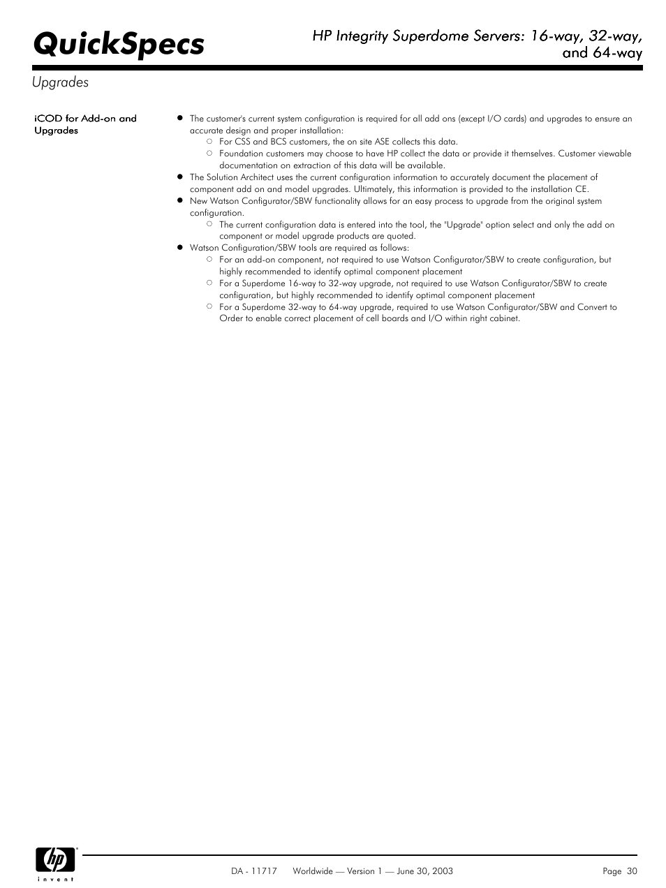 Quickspecs, Hp integrity superdome servers: 16-way, 32-way, And 64-way | And 64-way upgrades | HP Integrity Superdome Server User Manual | Page 30 / 39