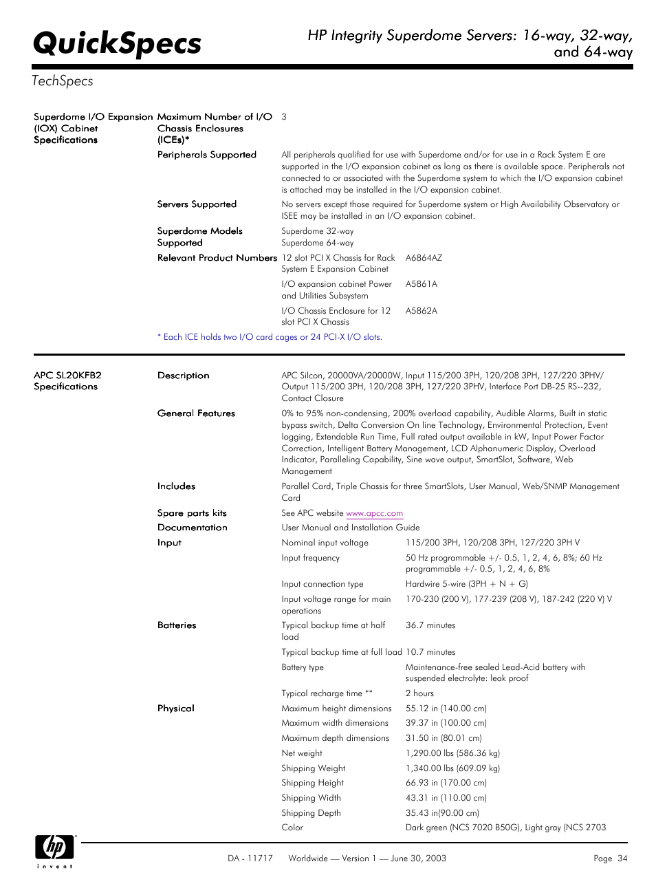 Quickspecs, Hp integrity superdome servers: 16-way, 32-way, And 64-way | And 64-way techspecs | HP Integrity Superdome Server User Manual | Page 34 / 39