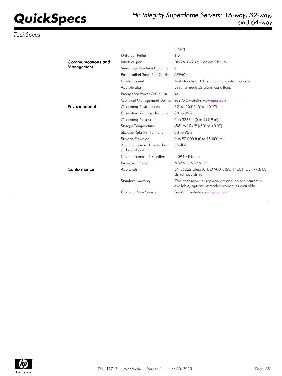 Quickspecs, Hp integrity superdome servers: 16-way, 32-way, And 64-way | And 64-way techspecs | HP Integrity Superdome Server User Manual | Page 35 / 39