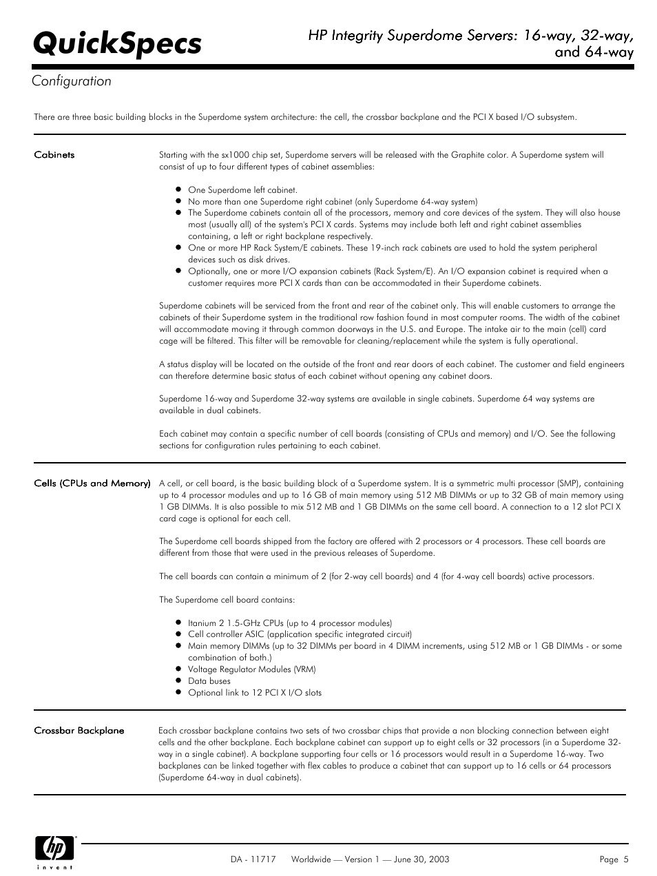 Configuration, Quickspecs, Hp integrity superdome servers: 16-way, 32-way | And 64-way, And 64-way configuration | HP Integrity Superdome Server User Manual | Page 5 / 39