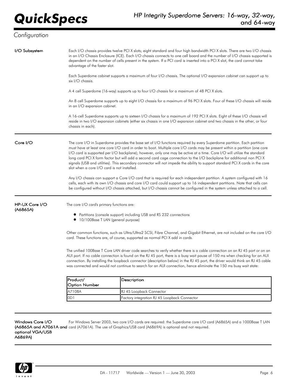 Quickspecs, Hp integrity superdome servers: 16-way, 32-way, And 64-way | And 64-way configuration | HP Integrity Superdome Server User Manual | Page 6 / 39