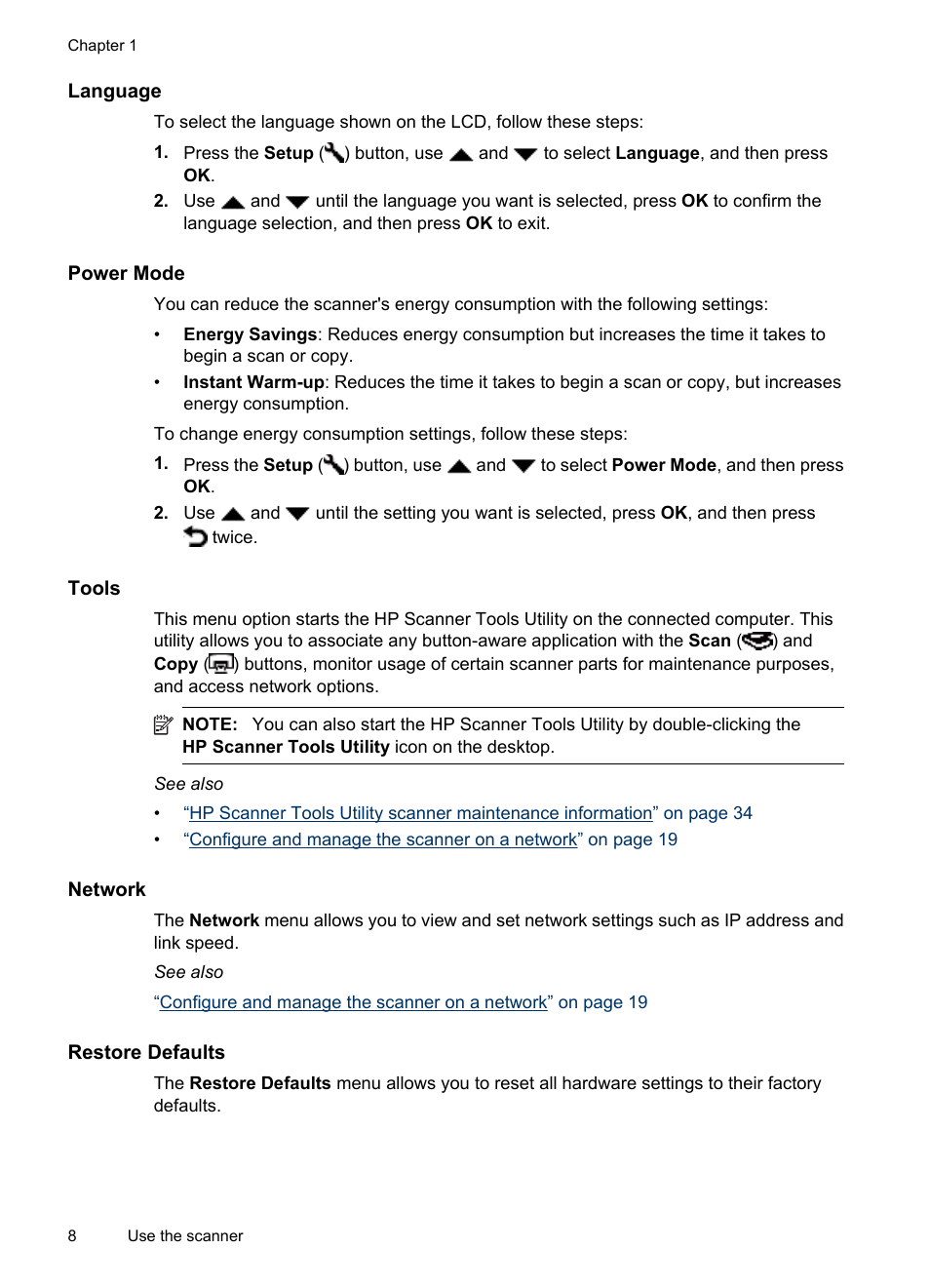 Language, Power mode, Tools | Network, Restore defaults | HP N6350 User Manual | Page 10 / 60
