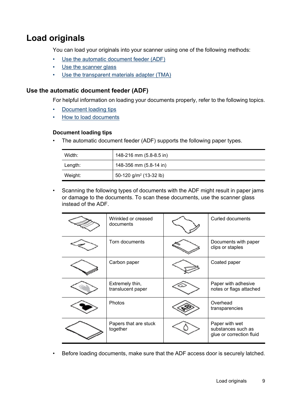 Load originals, Use the automatic document feeder (adf), Document loading tips | Document loading tips how to load documents | HP N6350 User Manual | Page 11 / 60