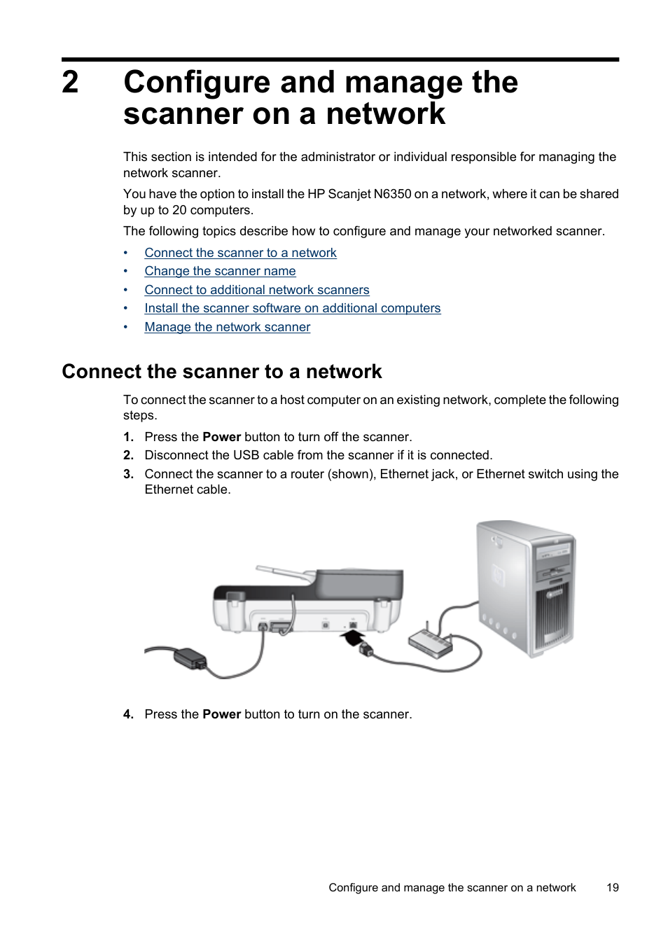 Configure and manage the scanner on a network, Connect the scanner to a network, 2 configure and manage the scanner on a network | 2configure and manage the scanner on a network | HP N6350 User Manual | Page 21 / 60