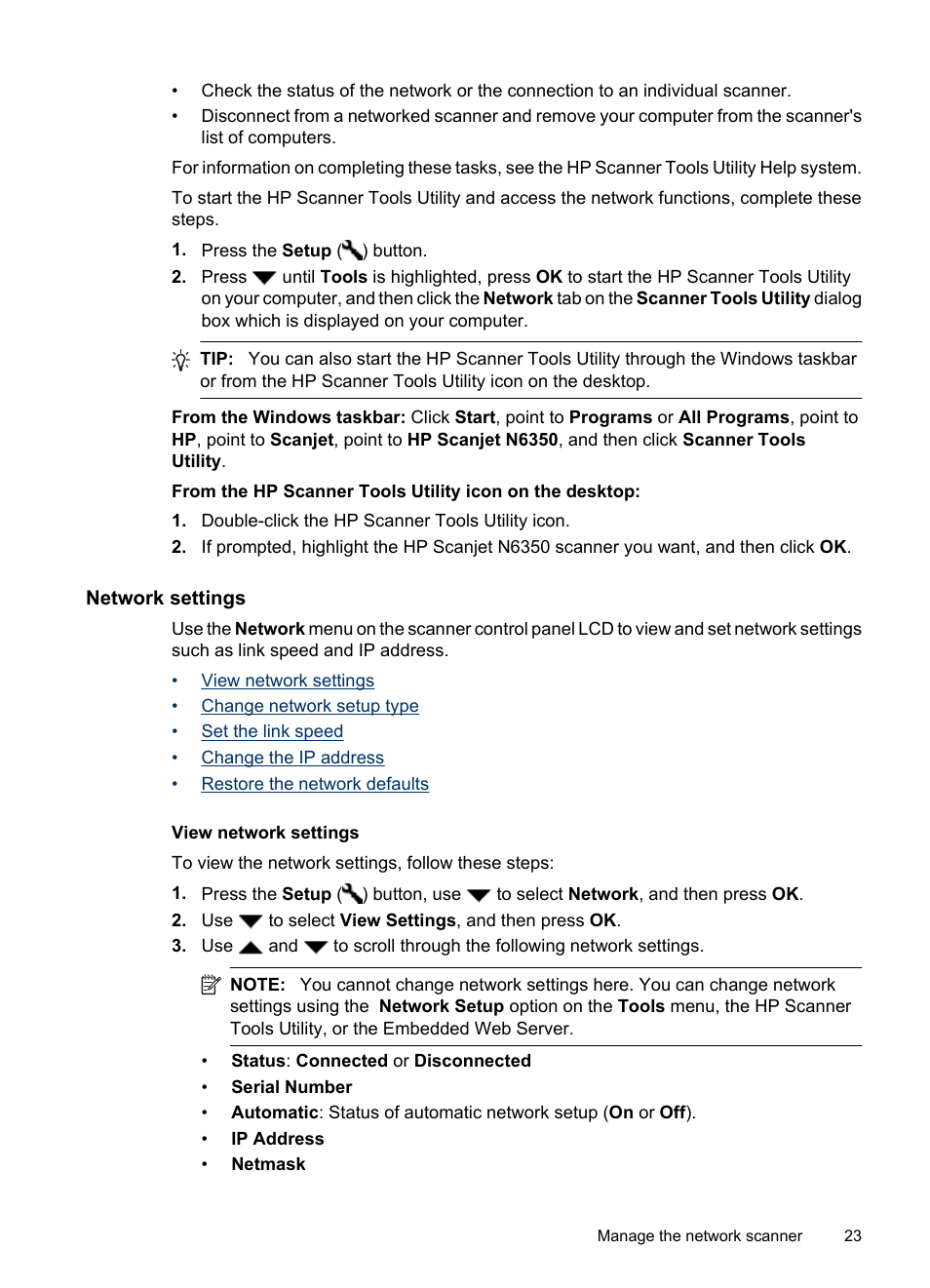 Network settings, View network settings | HP N6350 User Manual | Page 25 / 60