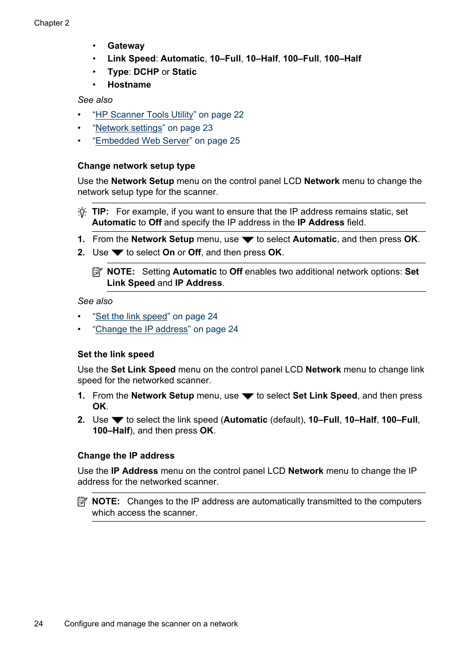 Change network setup type, Set the link speed, Change the ip address | HP N6350 User Manual | Page 26 / 60