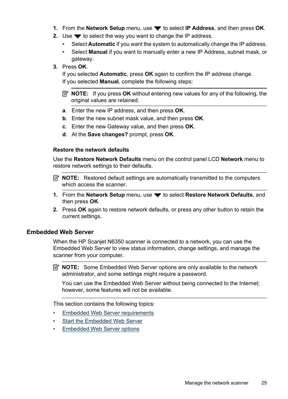 Restore the network defaults, Embedded web server | HP N6350 User Manual | Page 27 / 60