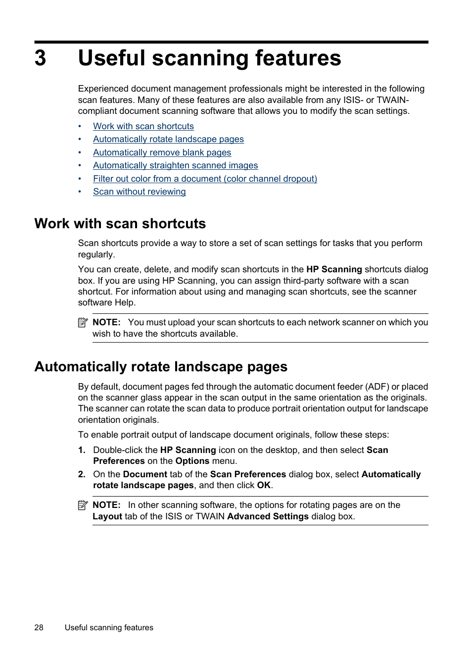 Useful scanning features, Work with scan shortcuts, 3 useful scanning features | 3useful scanning features, Automatically rotate landscape pages | HP N6350 User Manual | Page 30 / 60
