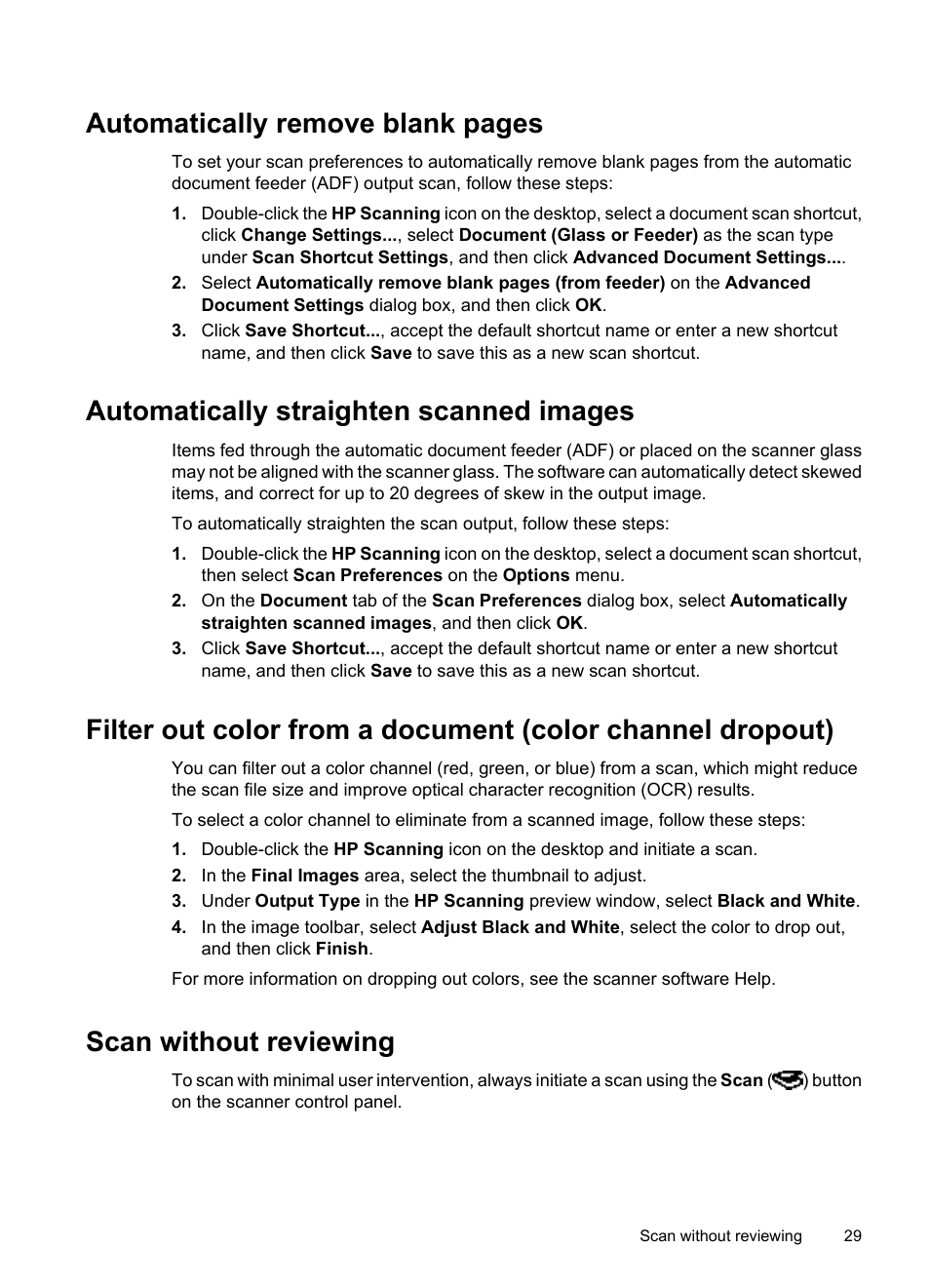 Automatically straighten scanned images, Scan without reviewing, Automatically remove blank pages | HP N6350 User Manual | Page 31 / 60