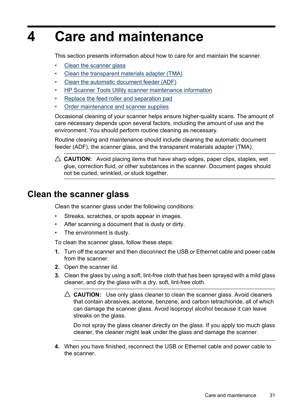 Care and maintenance, Clean the scanner glass, 4 care and maintenance | 4care and maintenance | HP N6350 User Manual | Page 33 / 60