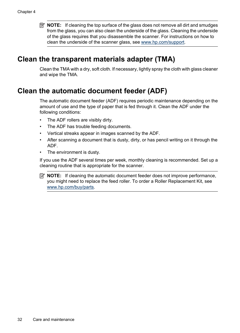 Clean the transparent materials adapter (tma), Clean the automatic document feeder (adf) | HP N6350 User Manual | Page 34 / 60