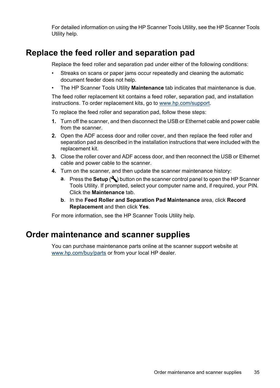 Replace the feed roller and separation pad, Order maintenance and scanner supplies | HP N6350 User Manual | Page 37 / 60