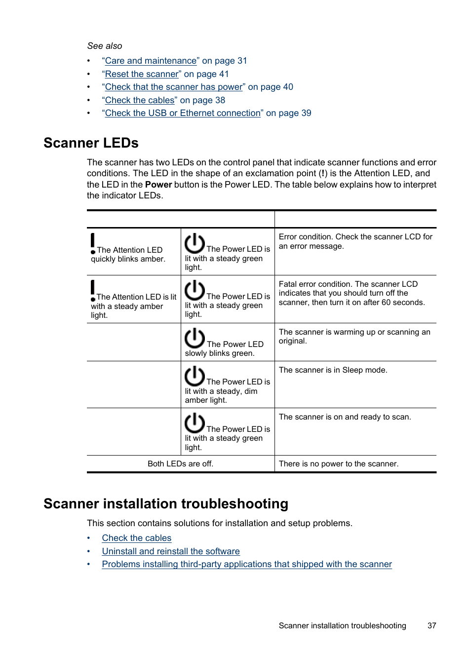 Scanner leds, Scanner installation troubleshooting, Scanner leds scanner installation troubleshooting | HP N6350 User Manual | Page 39 / 60
