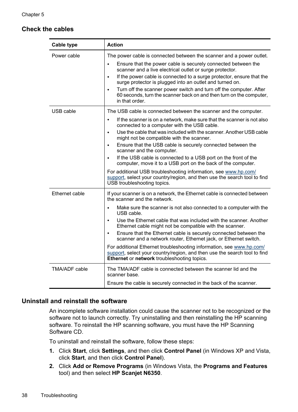 Check the cables, Uninstall and reinstall the software | HP N6350 User Manual | Page 40 / 60