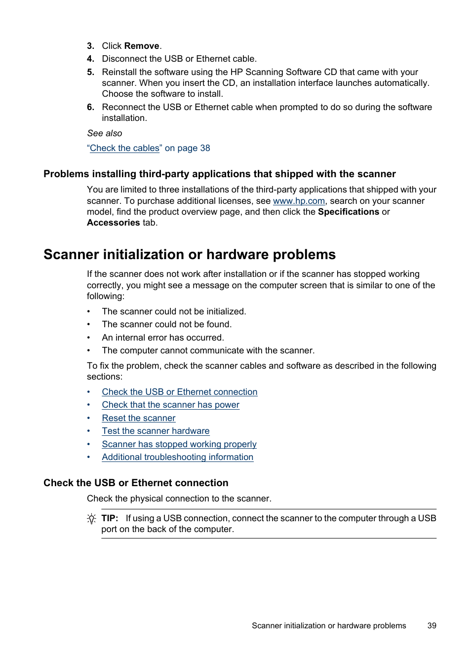 Scanner initialization or hardware problems, Check the usb or ethernet connection | HP N6350 User Manual | Page 41 / 60