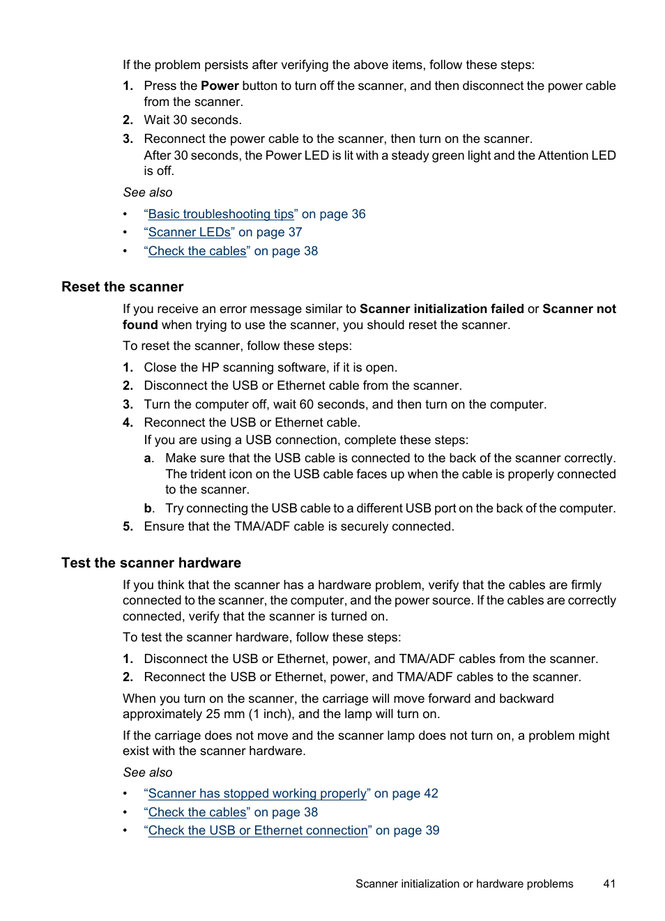 Reset the scanner, Test the scanner hardware | HP N6350 User Manual | Page 43 / 60