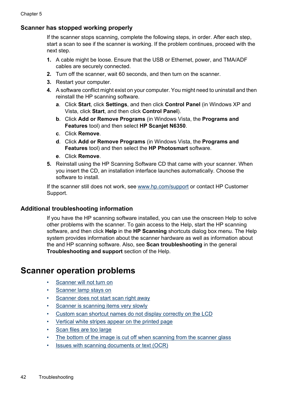 Scanner has stopped working properly, Additional troubleshooting information, Scanner operation problems | HP N6350 User Manual | Page 44 / 60