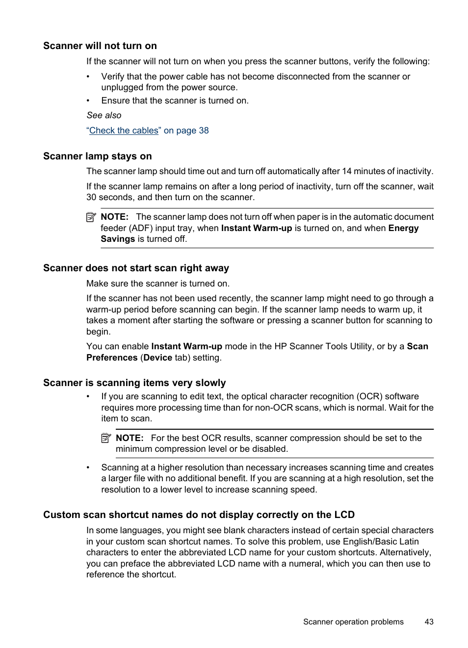 Scanner will not turn on, Scanner lamp stays on, Scanner does not start scan right away | Scanner is scanning items very slowly | HP N6350 User Manual | Page 45 / 60