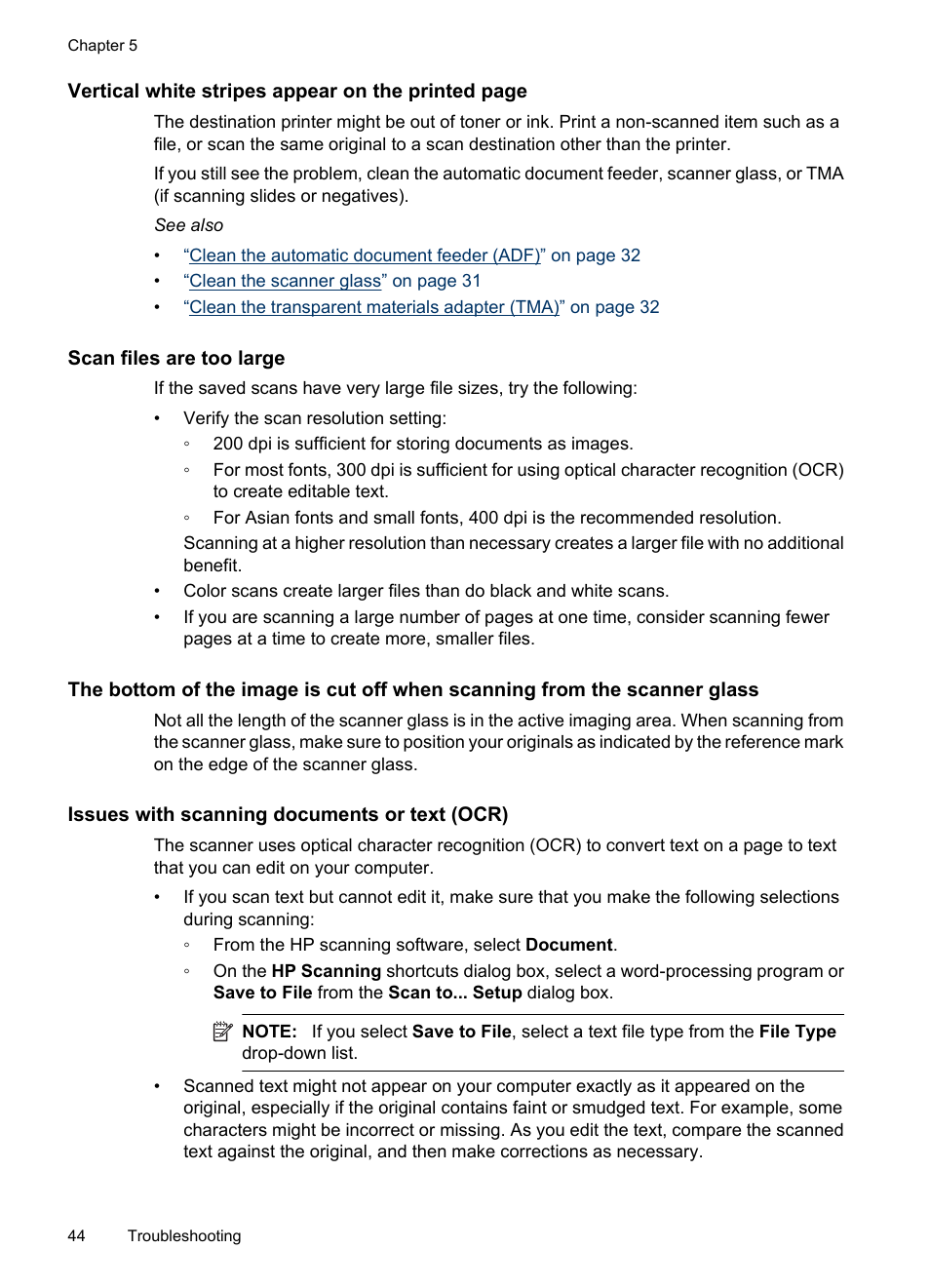 Scan files are too large, Issues with scanning documents or text (ocr) | HP N6350 User Manual | Page 46 / 60
