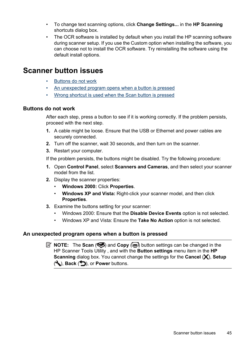 Scanner button issues, Buttons do not work | HP N6350 User Manual | Page 47 / 60