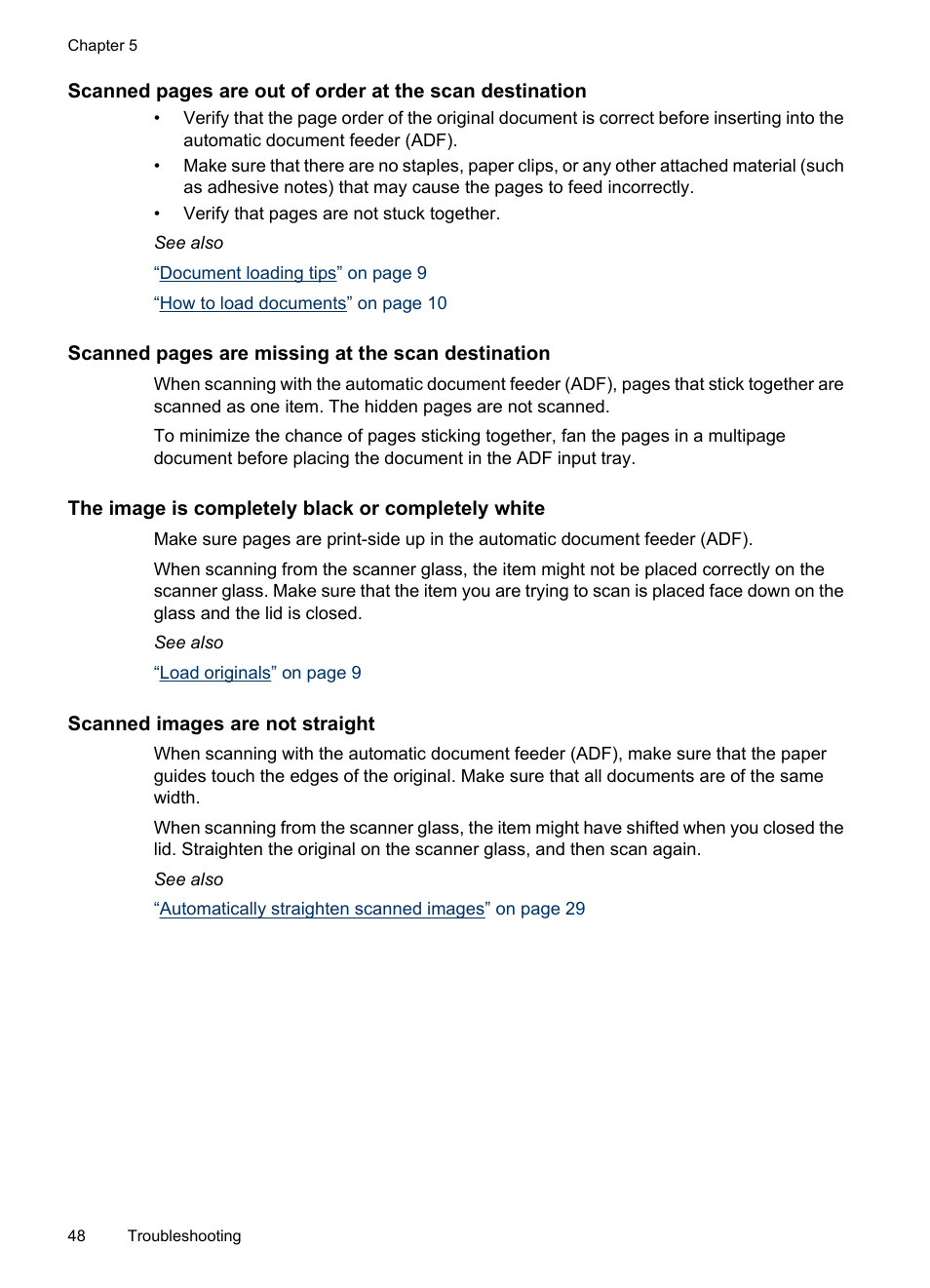 The image is completely black or completely white, Scanned images are not straight | HP N6350 User Manual | Page 50 / 60