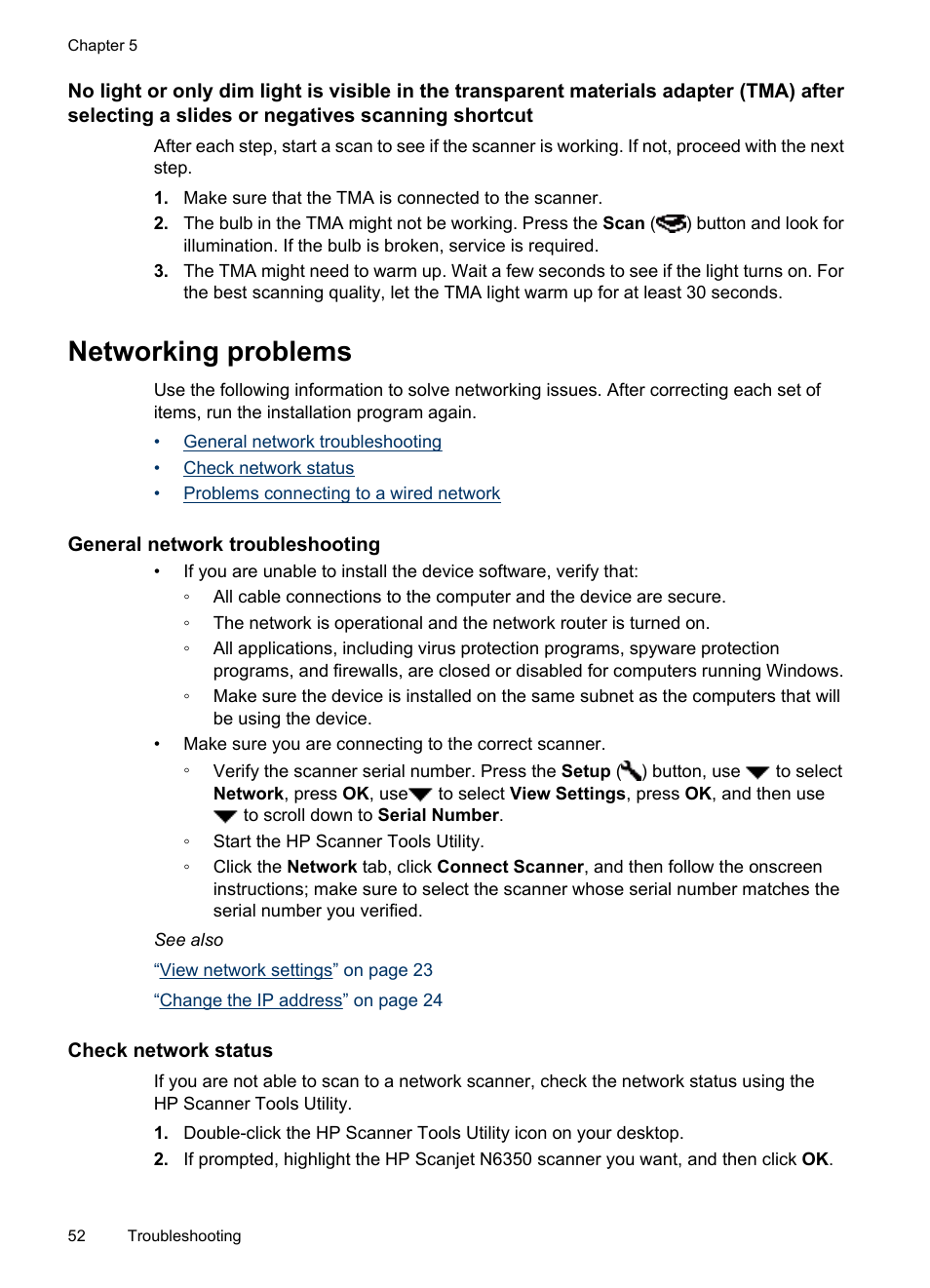 Networking problems, General network troubleshooting, Check network status | HP N6350 User Manual | Page 54 / 60
