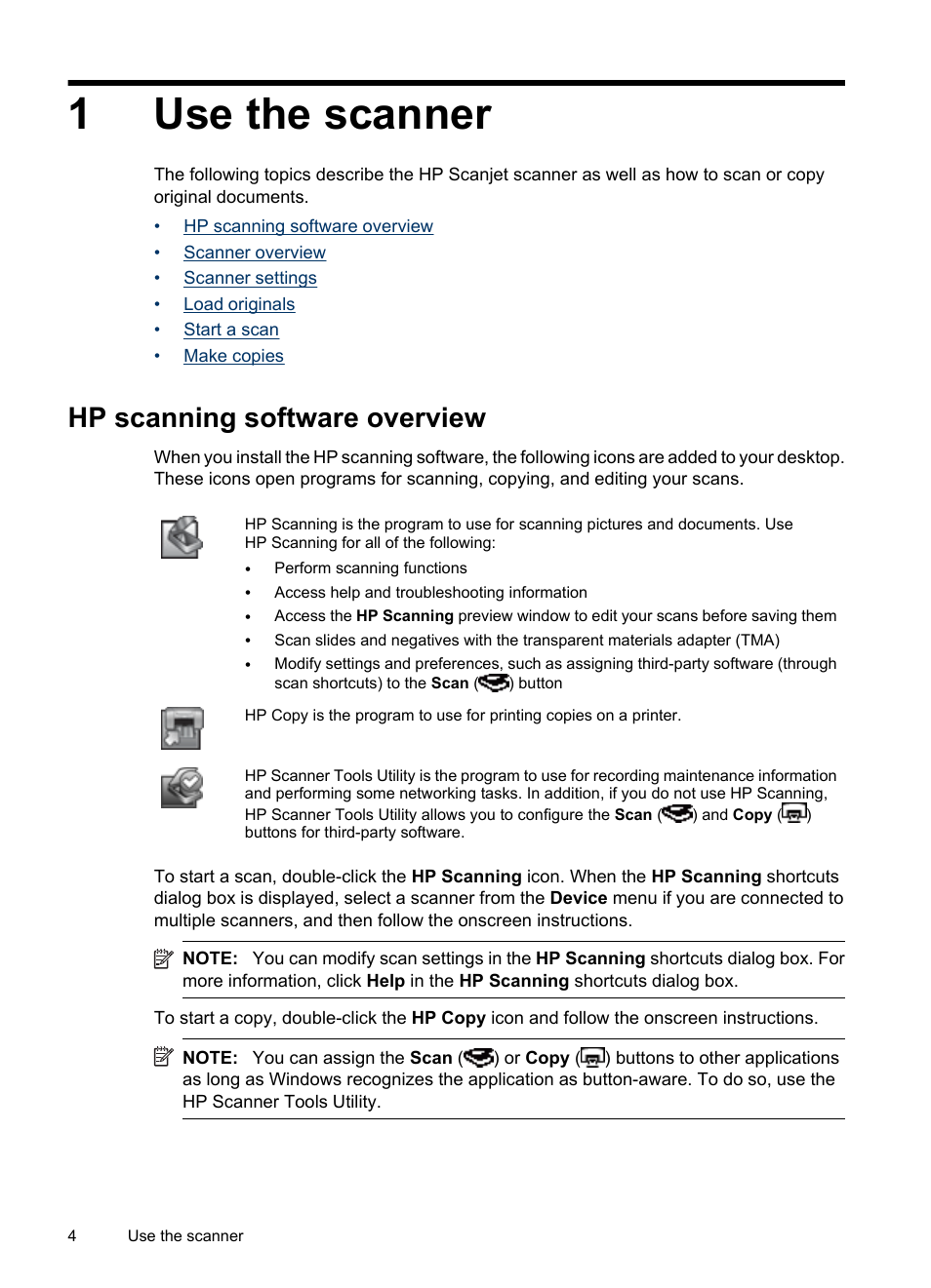 Use the scanner, Hp scanning software overview, 1 use the scanner | 1use the scanner | HP N6350 User Manual | Page 6 / 60