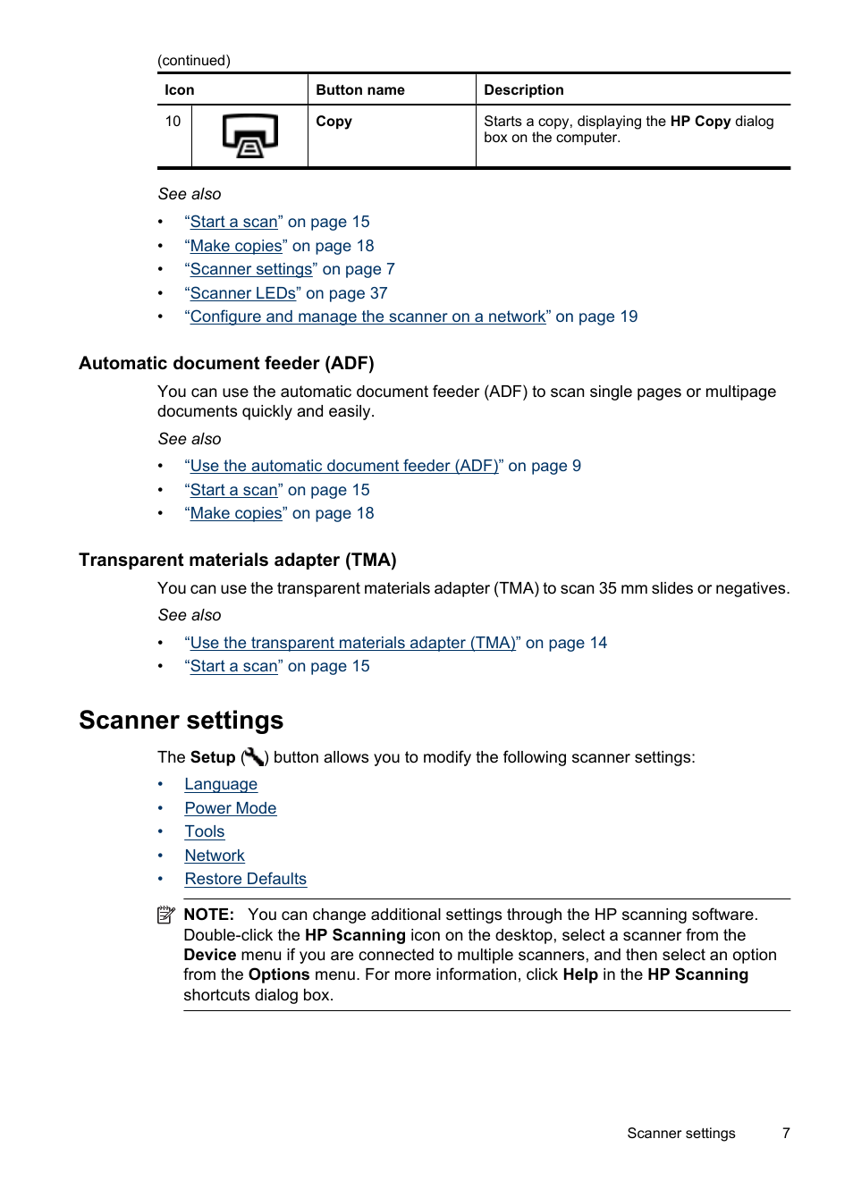 Automatic document feeder (adf), Transparent materials adapter (tma), Scanner settings | Language power mode tools network restore defaults | HP N6350 User Manual | Page 9 / 60