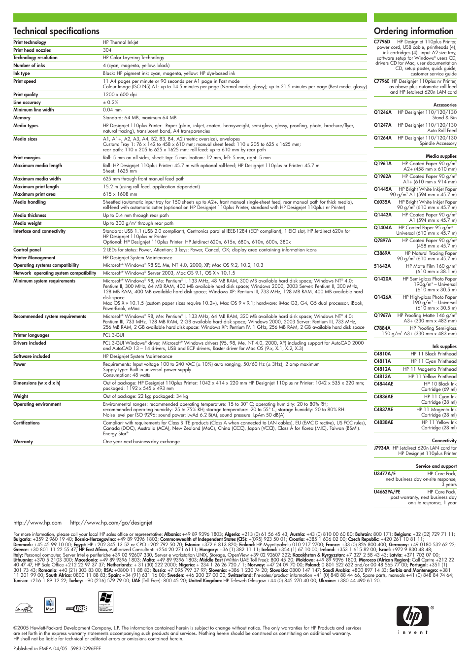 Technical specifications, Ordering information | HP 110plus User Manual | Page 2 / 2