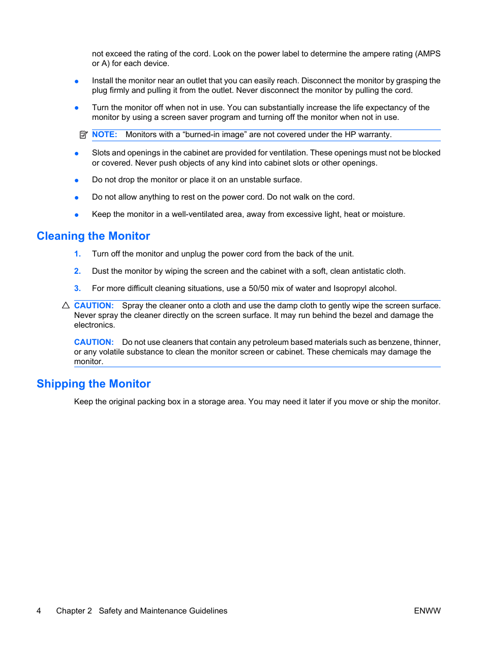 Cleaning the monitor, Shipping the monitor, Cleaning the monitor shipping the monitor | HP LE1911I User Manual | Page 12 / 55