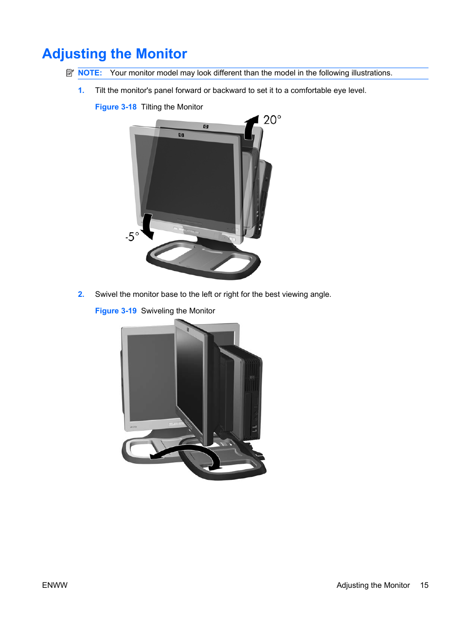 Adjusting the monitor | HP LE1911I User Manual | Page 23 / 55