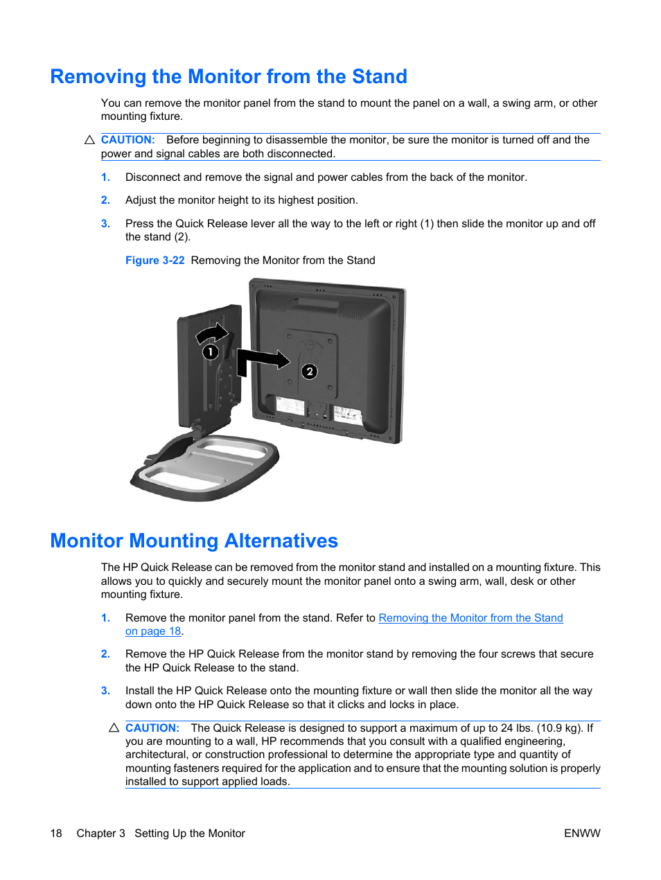 Removing the monitor from the stand, Monitor mounting alternatives | HP LE1911I User Manual | Page 26 / 55