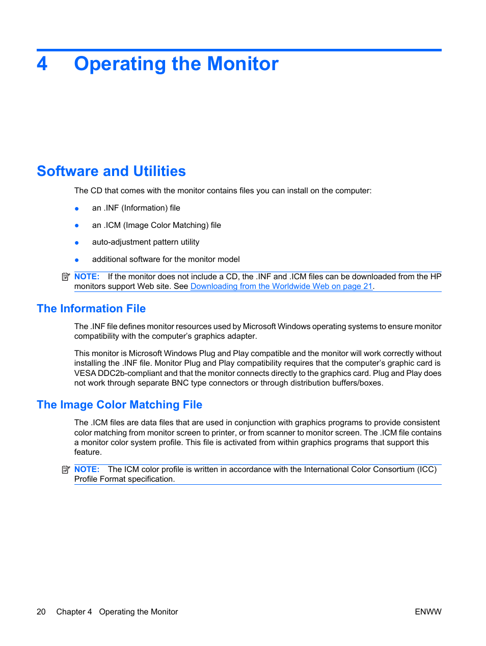 Operating the monitor, Software and utilities, The information file | The image color matching file, 4 operating the monitor, The information file the image color matching file, 4operating the monitor | HP LE1911I User Manual | Page 28 / 55