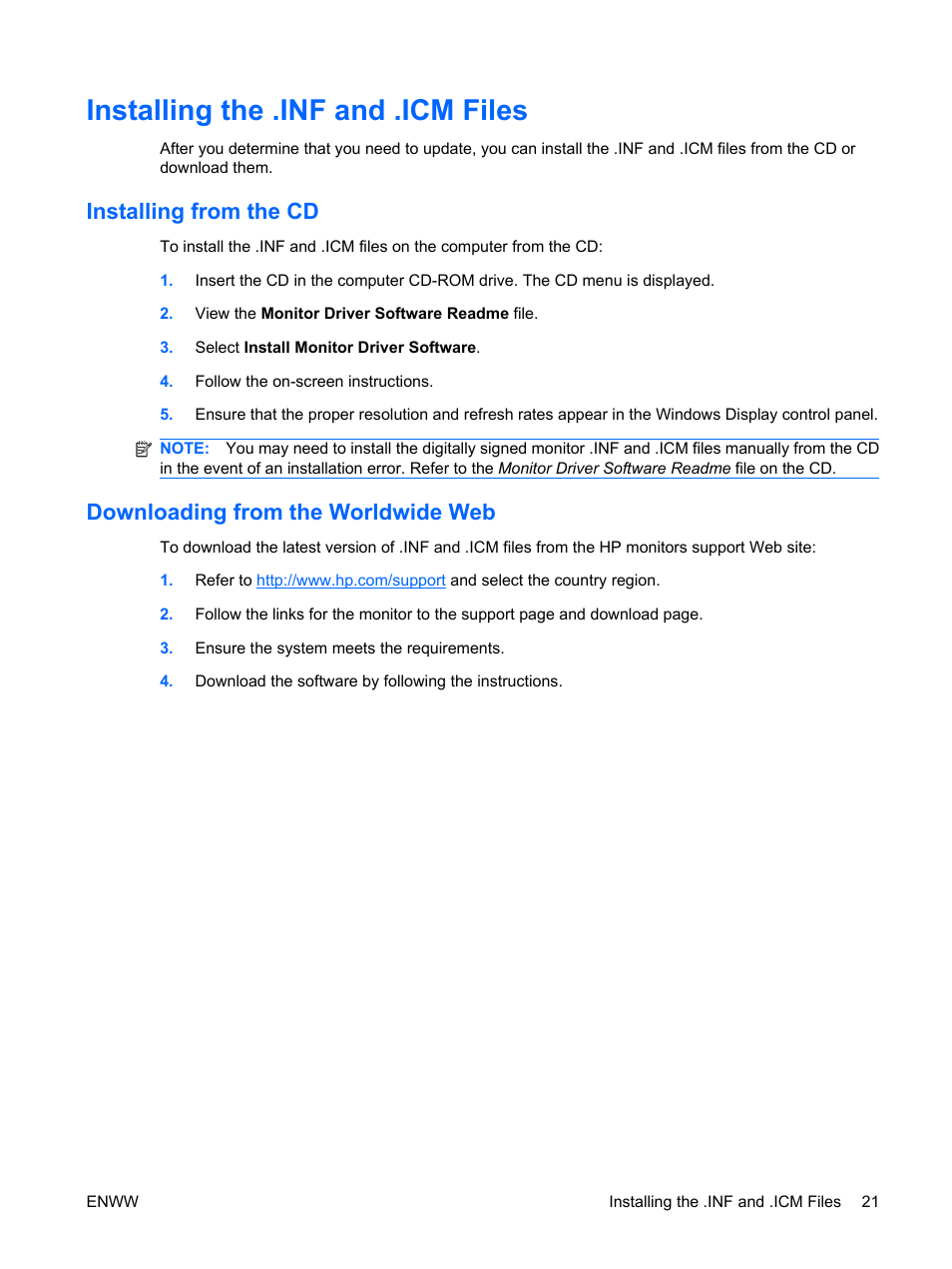 Installing the .inf and .icm files, Installing from the cd, Downloading from the worldwide web | HP LE1911I User Manual | Page 29 / 55