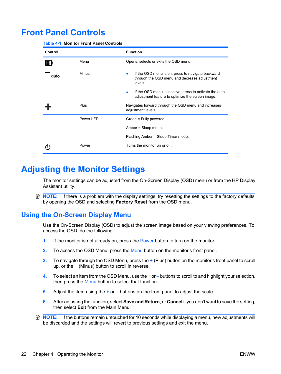 Front panel controls, Adjusting the monitor settings, Using the on-screen display menu | HP LE1911I User Manual | Page 30 / 55