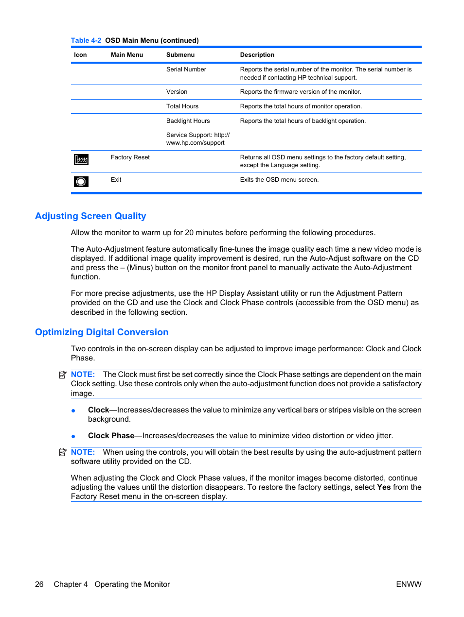Adjusting screen quality, Optimizing digital conversion | HP LE1911I User Manual | Page 34 / 55