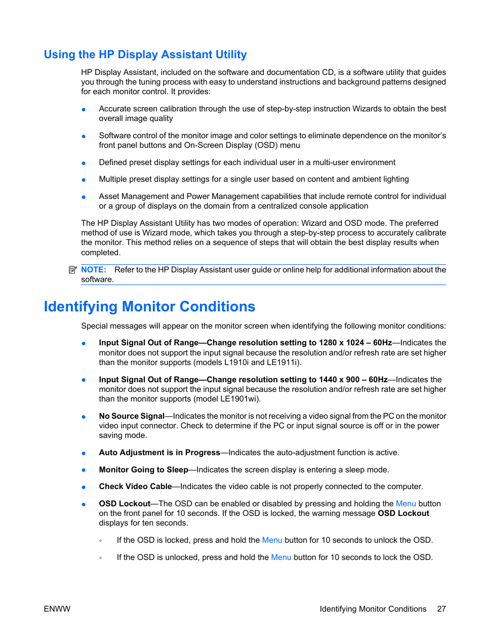 Using the hp display assistant utility, Identifying monitor conditions | HP LE1911I User Manual | Page 35 / 55