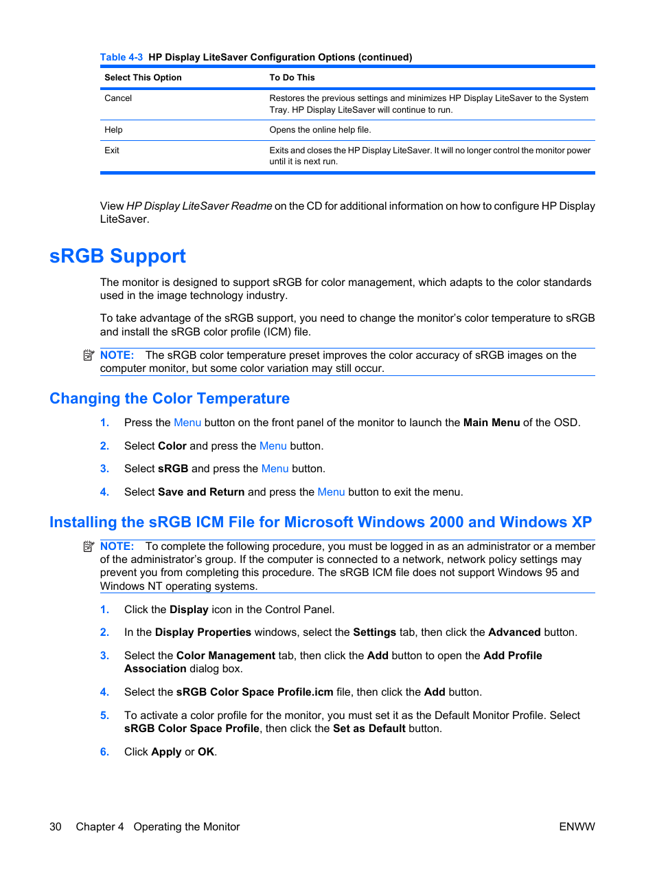 Srgb support, Changing the color temperature | HP LE1911I User Manual | Page 38 / 55