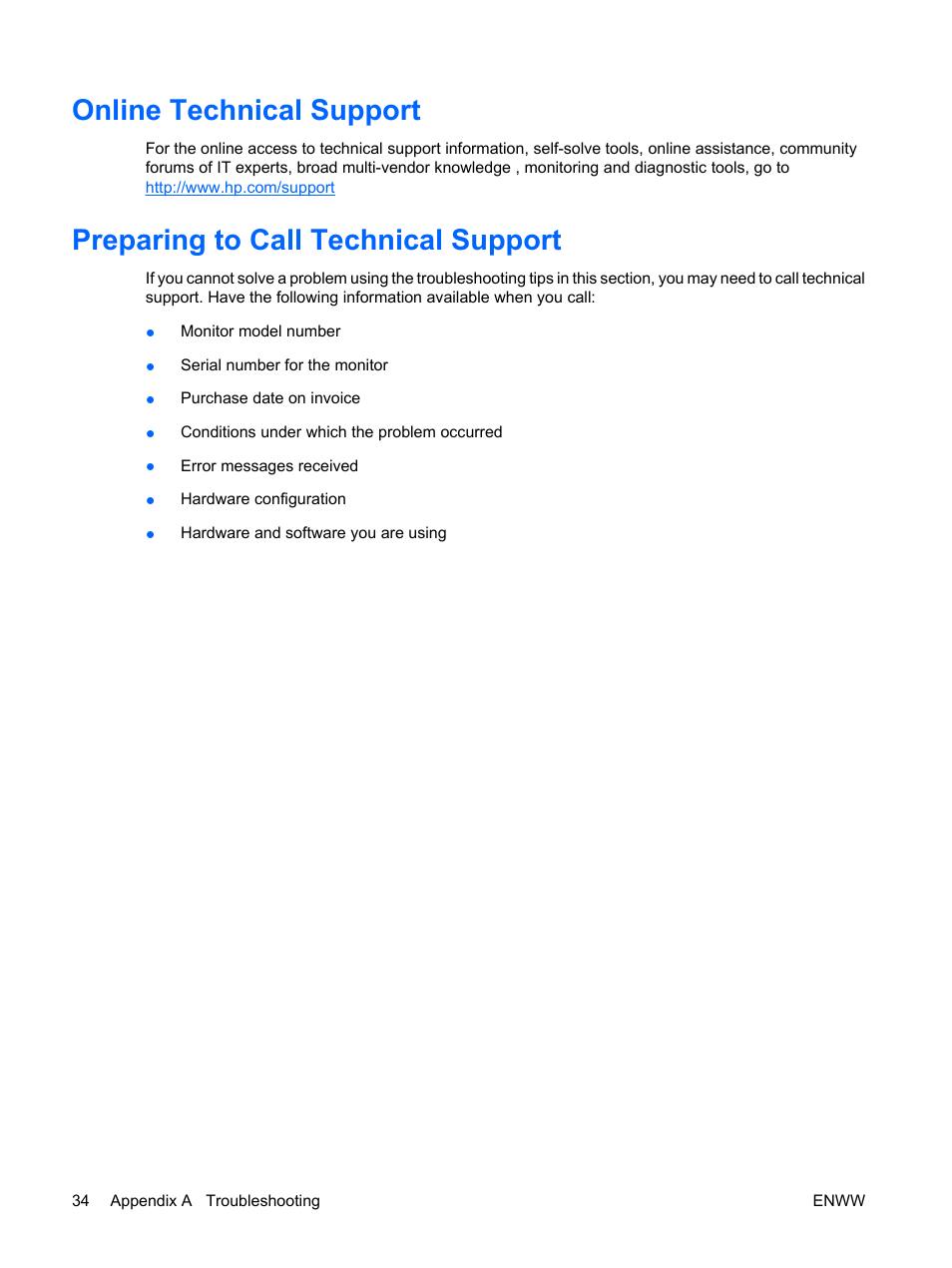 Online technical support, Preparing to call technical support | HP LE1911I User Manual | Page 42 / 55