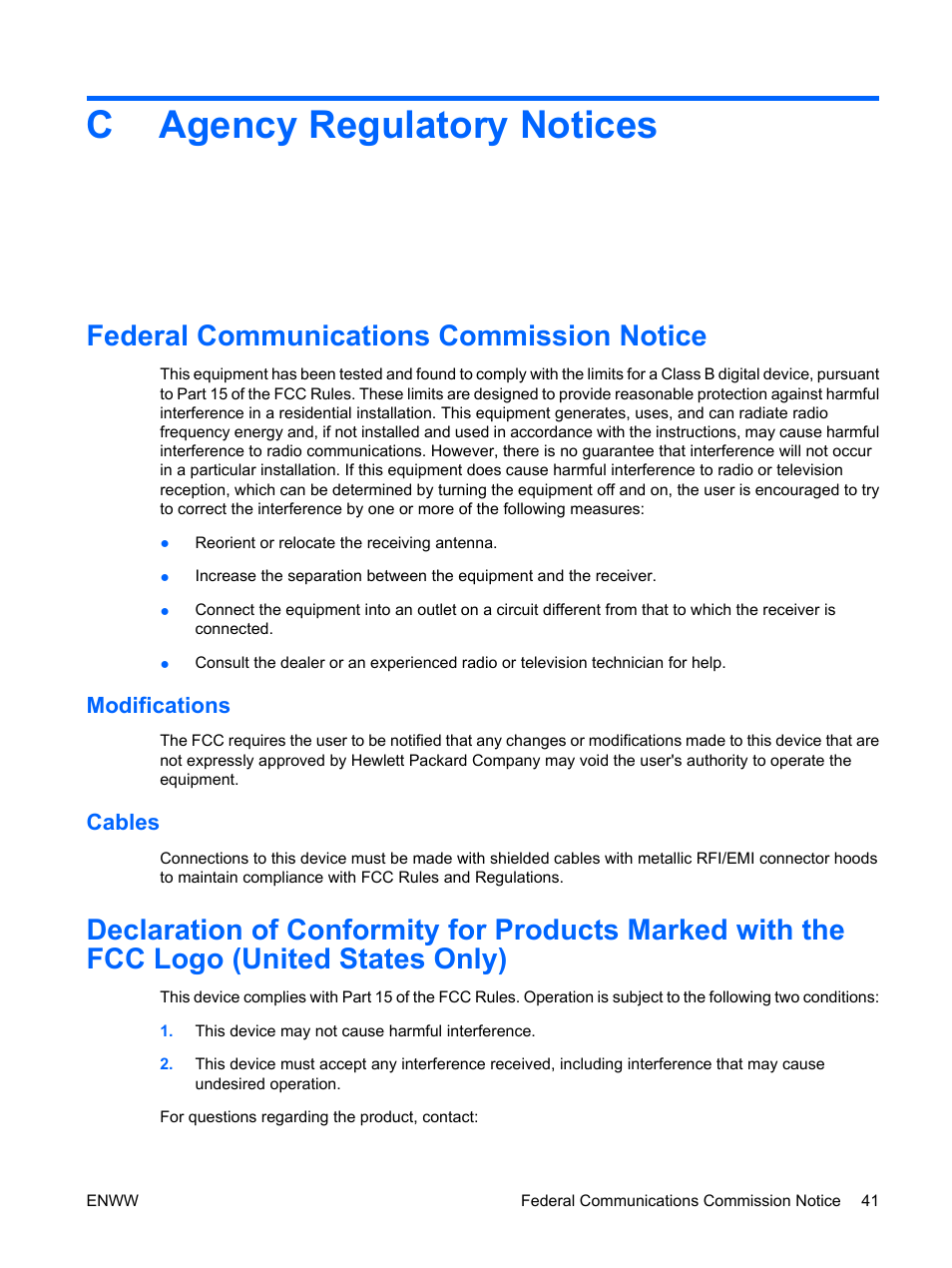 Agency regulatory notices, Federal communications commission notice, Modifications | Cables, Appendix c agency regulatory notices, Modifications cables, Cagency regulatory notices | HP LE1911I User Manual | Page 49 / 55