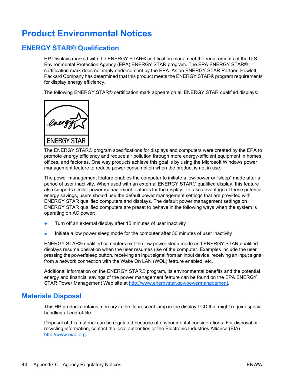 Product environmental notices, Energy star® qualification, Materials disposal | Energy star® qualification materials disposal | HP LE1911I User Manual | Page 52 / 55