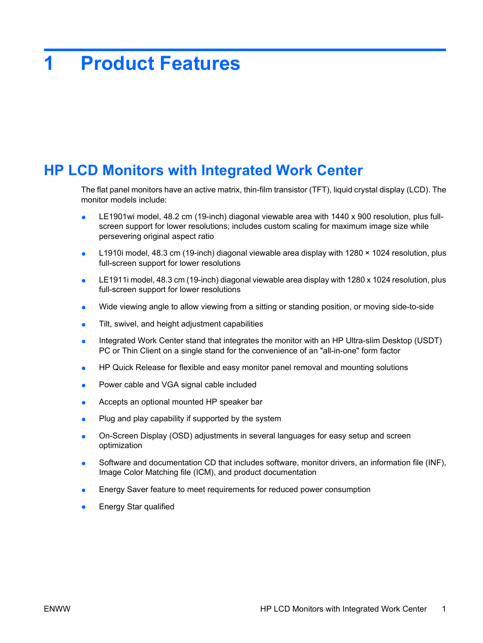 Product features, Hp lcd monitors with integrated work center, 1 product features | 1product features | HP LE1911I User Manual | Page 9 / 55