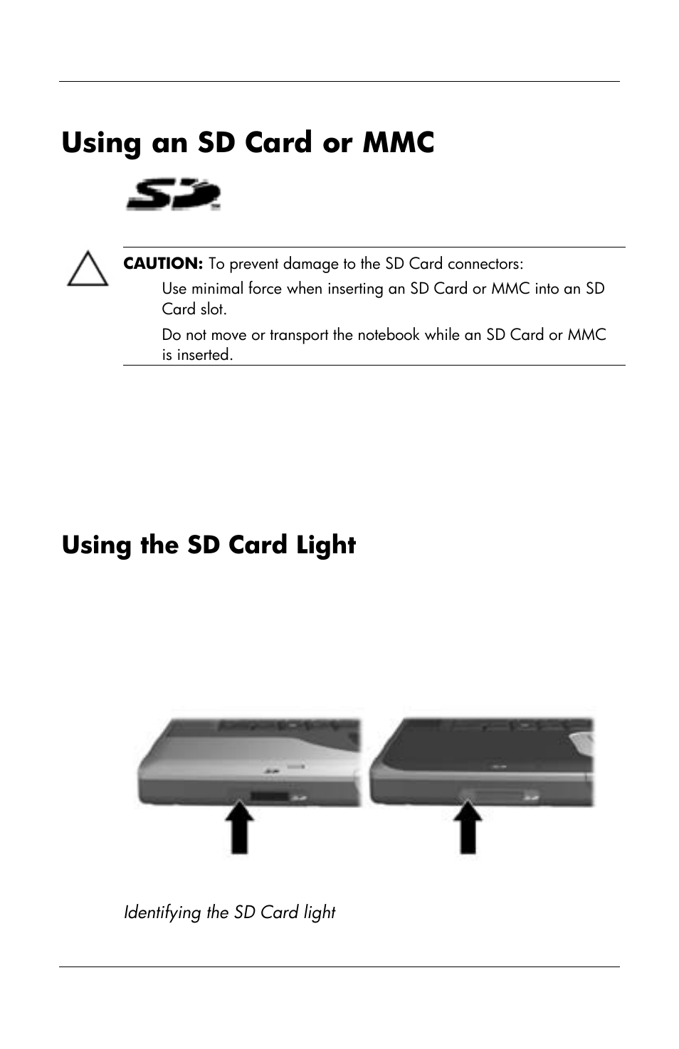 Using an sd card or mmc, Using the sd card light | HP Notebook User Manual | Page 115 / 158