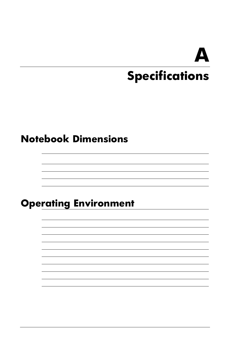 Specifications, Operating environment | HP Notebook User Manual | Page 140 / 158