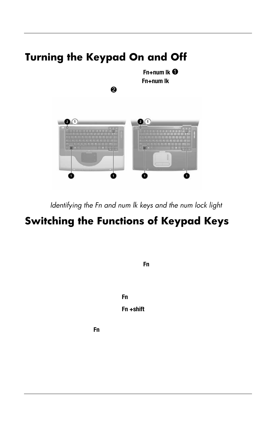 Turning the keypad on and off, Switching the functions of keypad keys | HP Notebook User Manual | Page 49 / 158