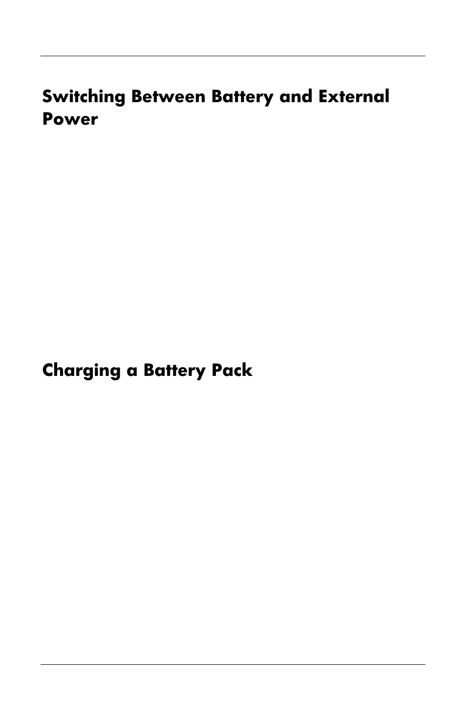 Switching between battery and external power, Charging a battery pack | HP Notebook User Manual | Page 60 / 158