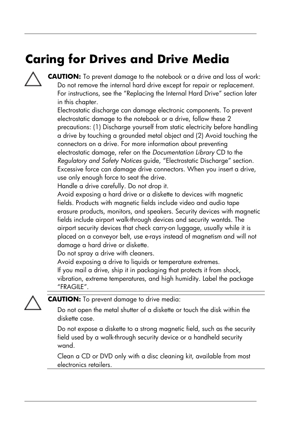 Caring for drives and drive media | HP Notebook User Manual | Page 71 / 158